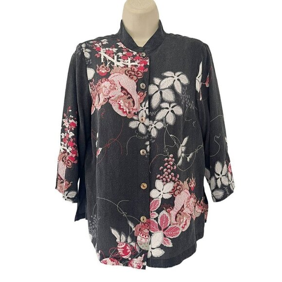 Citron Santa Monica Woman's Sz PM Gray 100% Silk Foo Dog Dragon Print Blouse - Picture 1 of 7